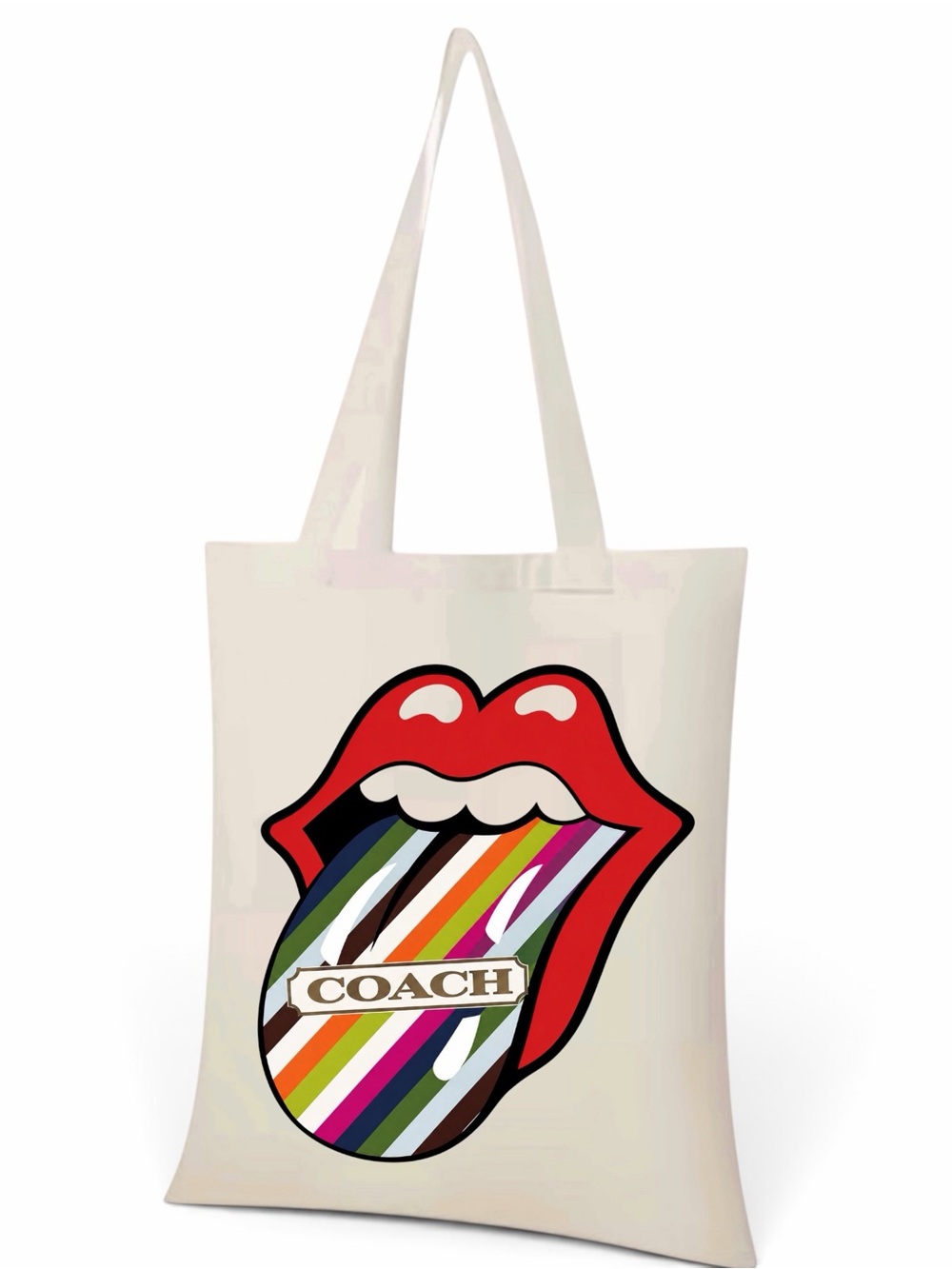 Fashion  Canvas Tote with Red Lips and Multicolor Stripe Tongue